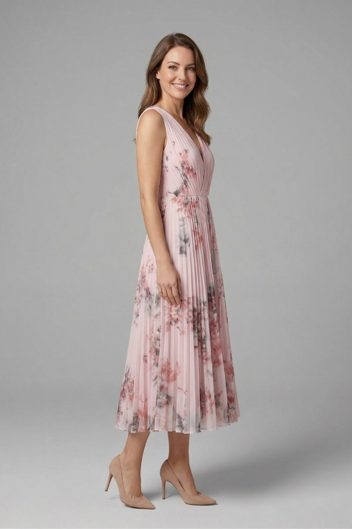 Blomstret Midikjole Dame – Plisseret Kjole til Bryllupsgæst