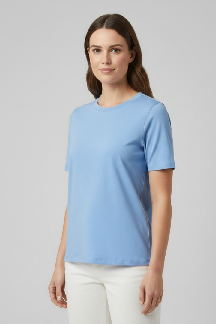 T-Shirt Damski z Okrągłym Dekoltem – Bazowy Top z Krótkim Rękawem