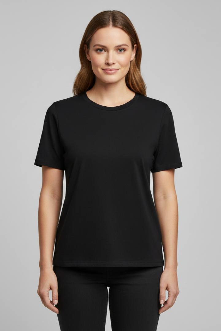 T-Shirt Damski z Okrągłym Dekoltem – Bazowy Top z Krótkim Rękawem