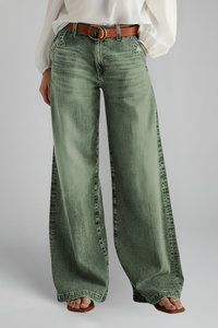 Szerokie Jeansy Damskie z Wysokim Stanem – Zielony Denim