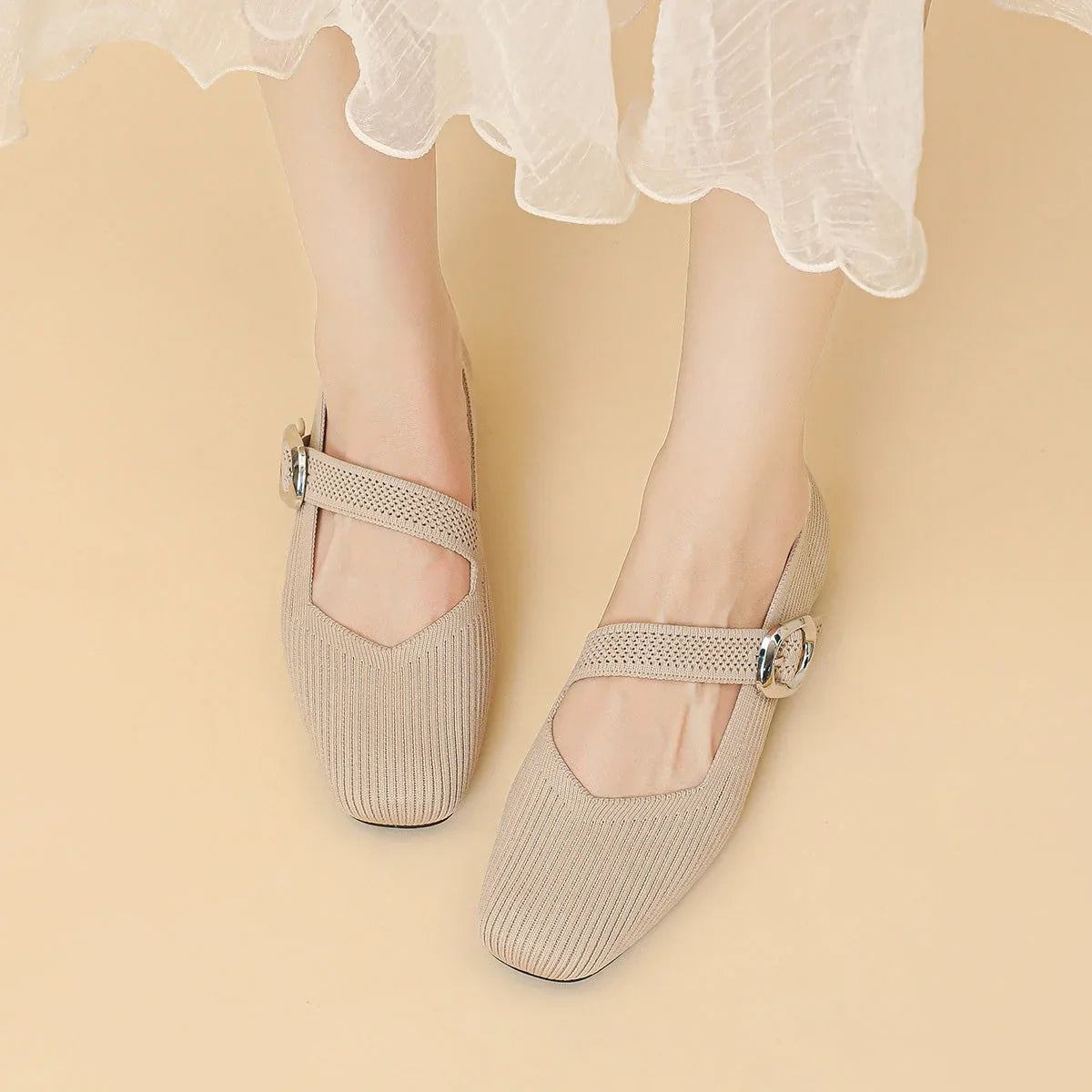Women's Mary Jane Flat Shoes Knit Breathable Comfort Square Toe