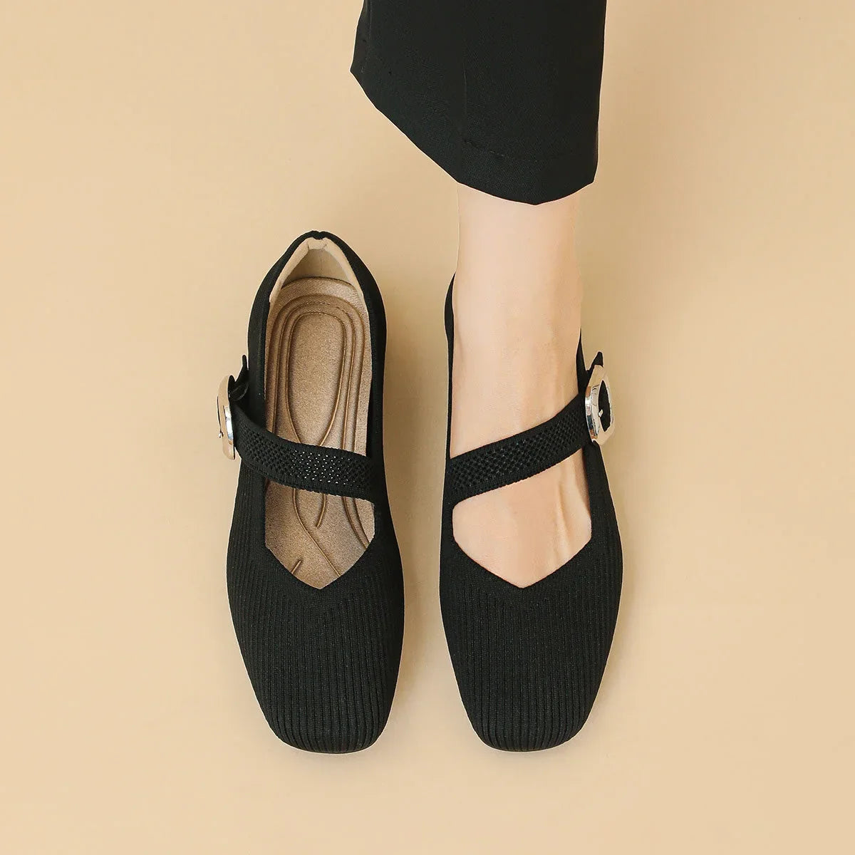 Women's Mary Jane Flat Shoes Knit Breathable Comfort Square Toe