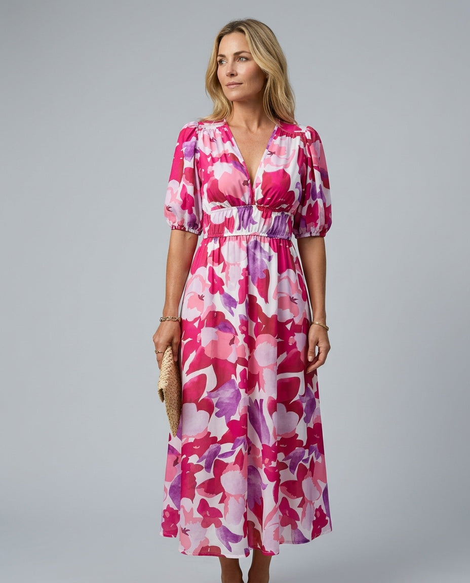 Puff Sleeve Midi Dress Women – V-Neck Pleated Abstract Dress