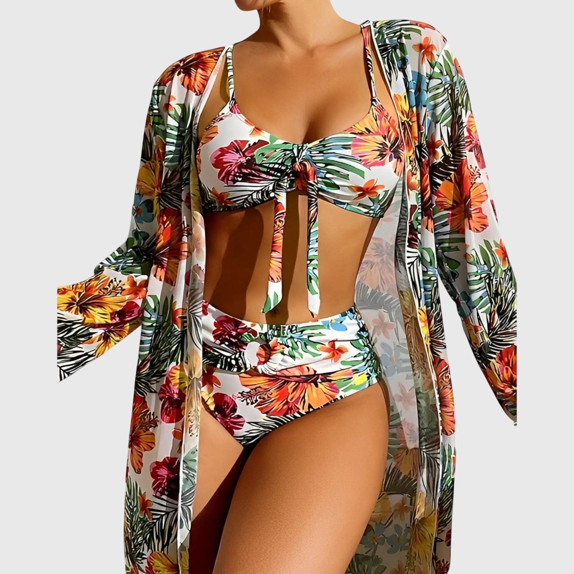Tropisk Print | 3-Dele Bikini Sæt med Justerbar Top | Høj Talje for Komfort ved Strand og Pool 3