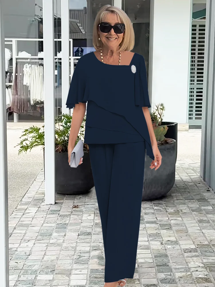 Women's Chiffon 2 Piece Outfit – Mother of the Bride Pants Set | Wedding Guest Formal Occasion Wear – Dusty Blue