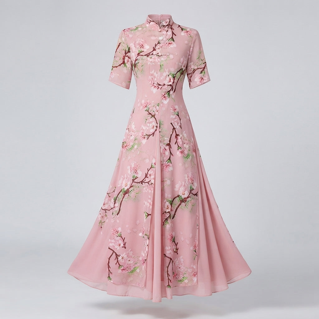 Floral Print Maxi Races Dress Women – Pink