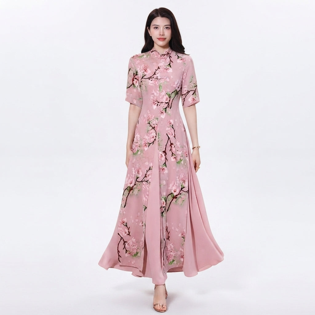 Floral Print Maxi Races Dress Women – Pink
