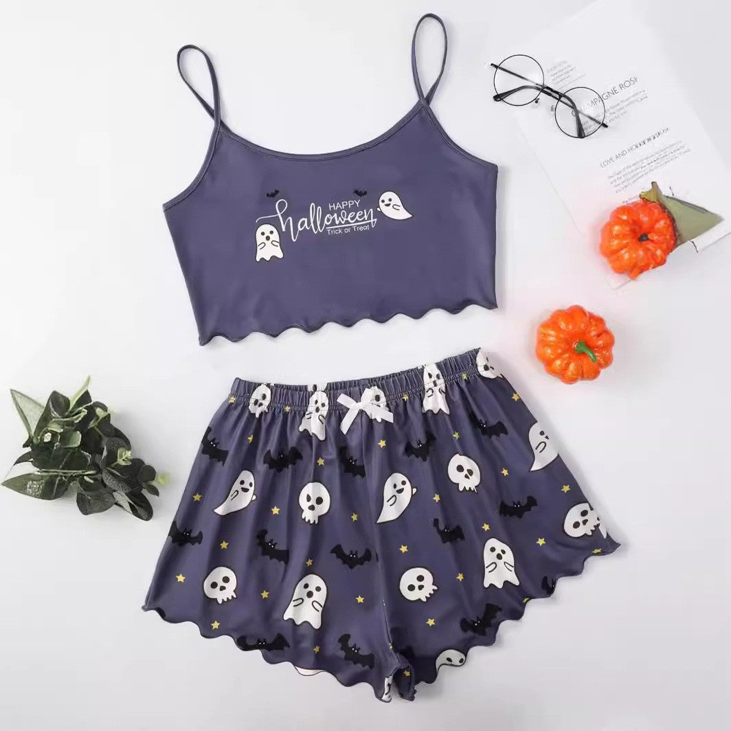 Halloween Pyjamas Dame Sæt – Græskar Print Nattøj med Cami og Shorts
