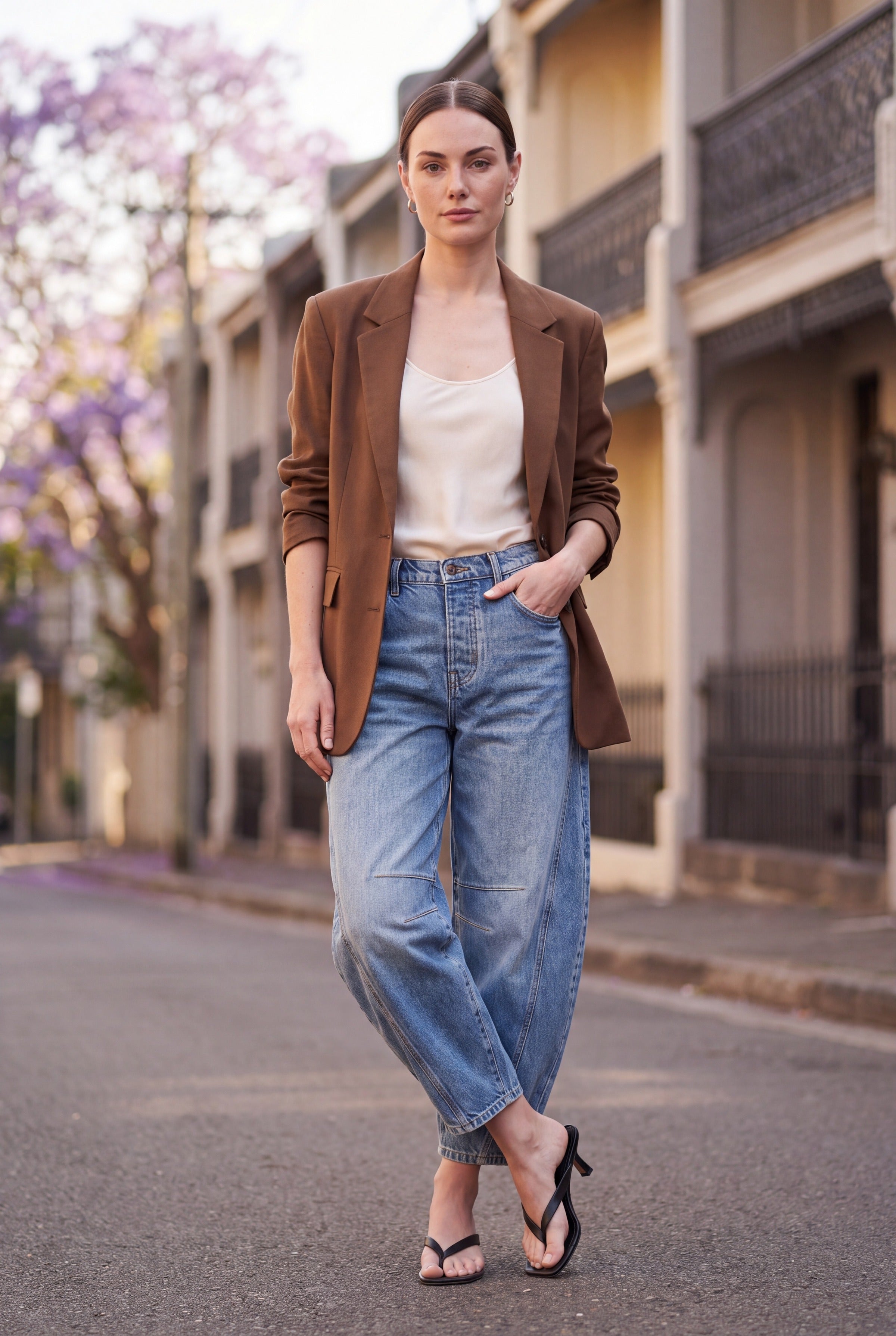 Barrel leg jeans dame styles med brun blazer og creme silketop