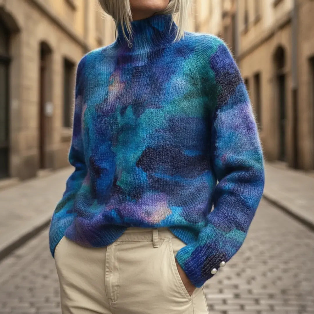 Sofia | Sweater Dame – Multifarvet Strik, Rullekrave & Blød Komfort