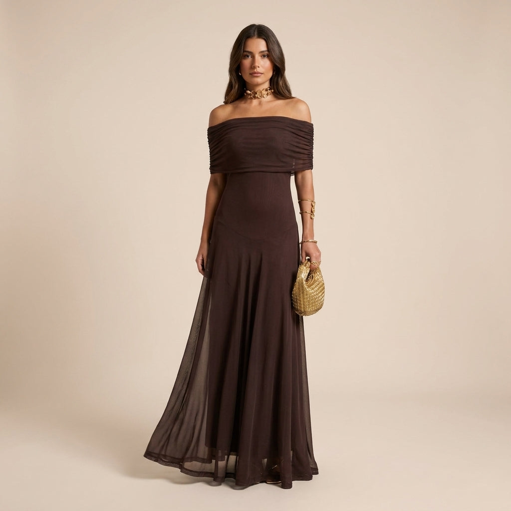 Seraphina Off-Shoulder Maxikjole Dame – Brun Chiffon Festkjole