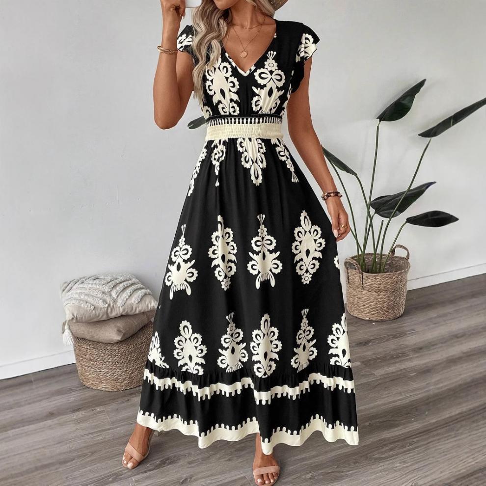 Blomstret Maxikjole Dame V-Hals – Lang Sommerkjole