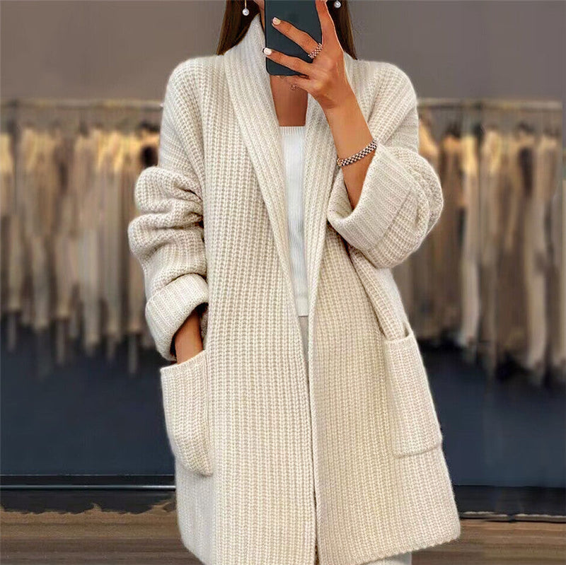 Women's Oversized Wool Cardigan – Ribbed, Pockets