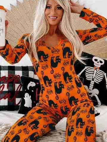 Halloween Jumpsuit Dame – Langærmet Onesie med Print