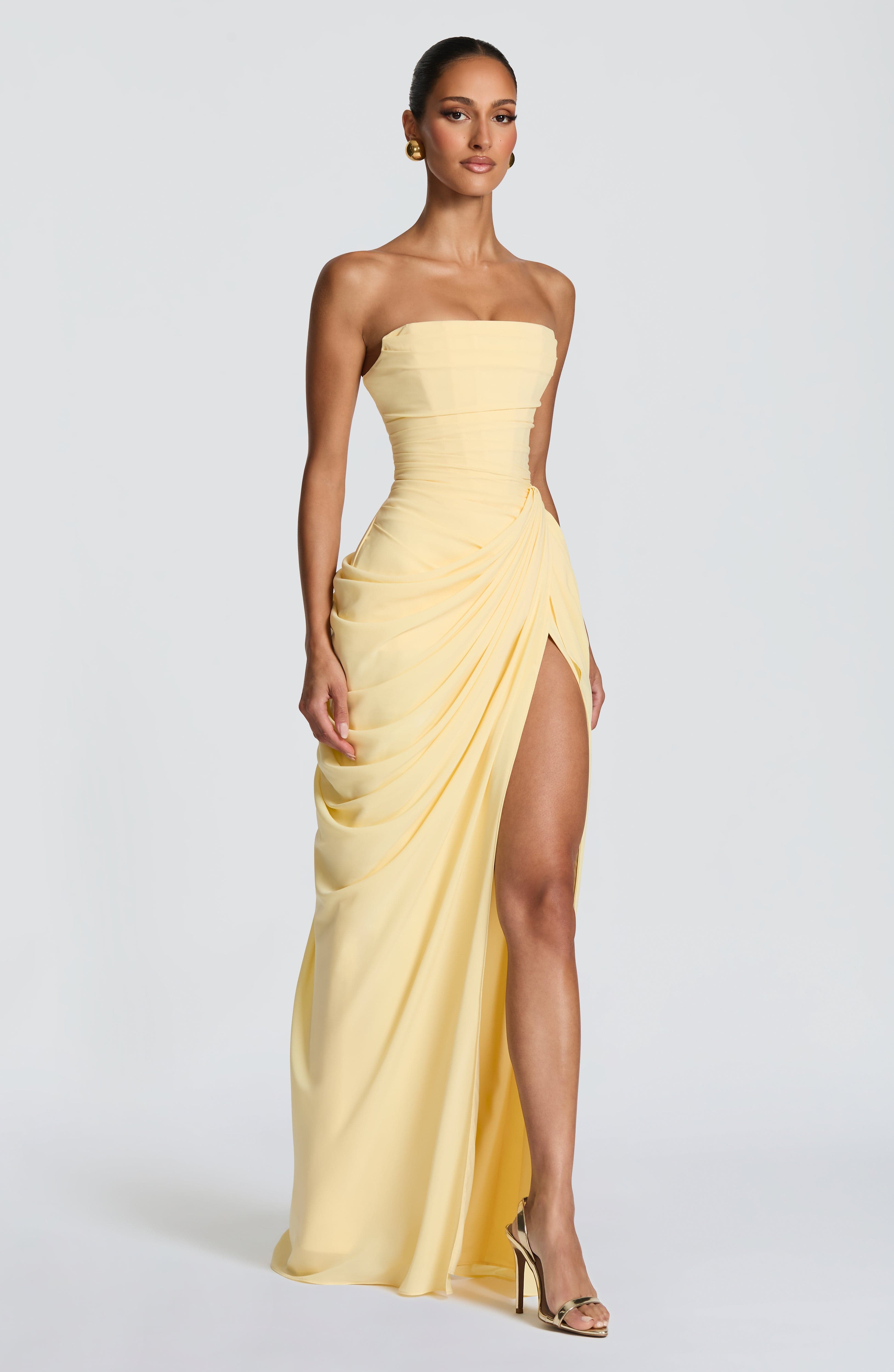 Cyra Korset Maxikjole Dame Citrongul – Chiffon med Slids
