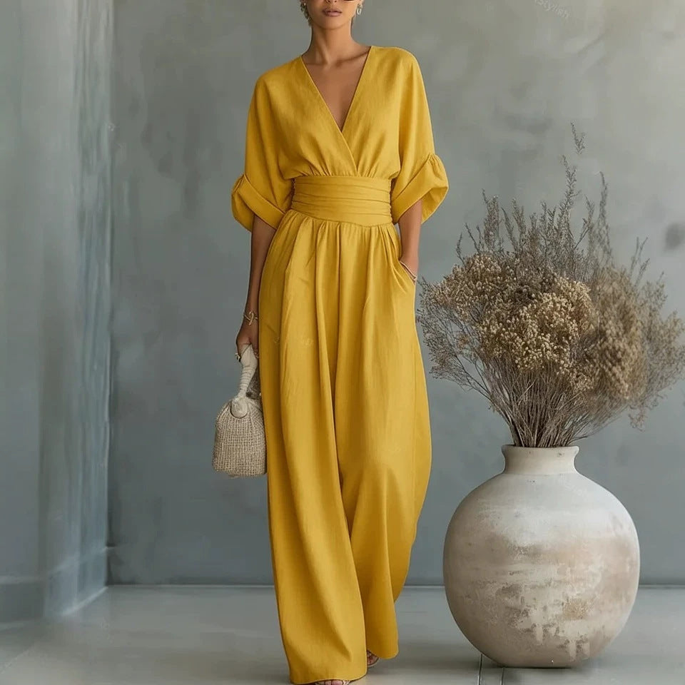 Wide-Leg Jumpsuit Women – V-Neck Cinched Waist Linen-Look Jumpsuit
