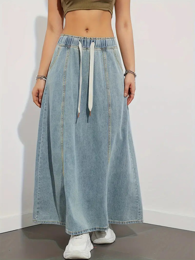 Stilfuld Denim Maxi Nederdel til Dame med Elastisk Talje | Komfortabel Hverdagslook 1