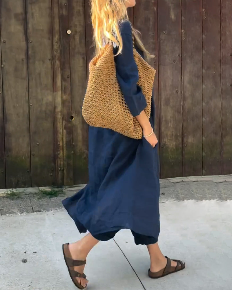 Hør Sæt Dame 2-Delt – Oversized V-Hals Top og Vidben Bukser