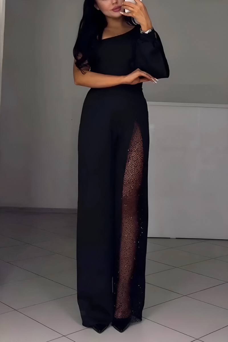 Josie Buksedragt Dame – One-Shoulder med Glimmer og Vide Ben