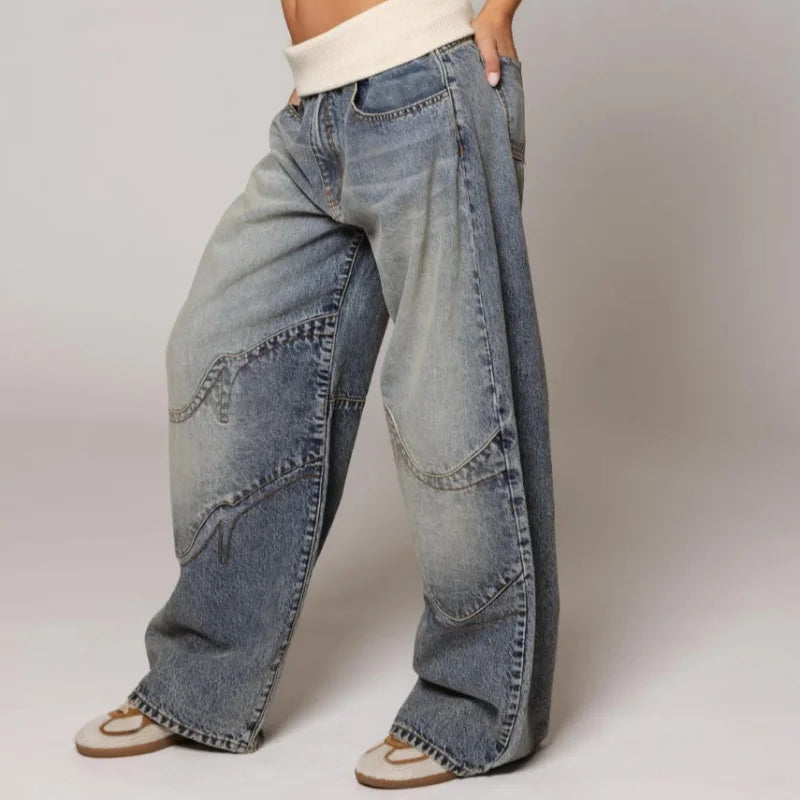 Wide Leg Jeans Dame Højtaljede – Kontrastbund, Lyseblå Vask