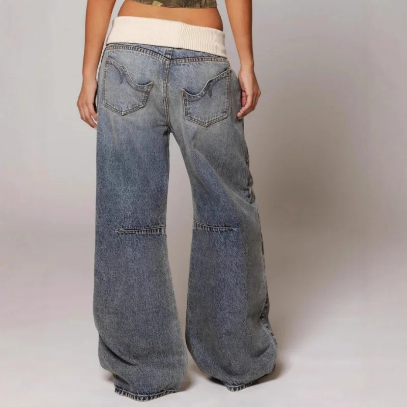 Wide Leg Jeans Dame Højtaljede – Kontrastbund, Lyseblå Vask