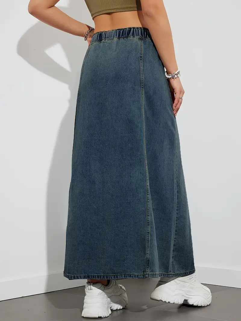 Stilfuld Denim Maxi Nederdel til Dame med Elastisk Talje | Komfortabel Hverdagslook 7