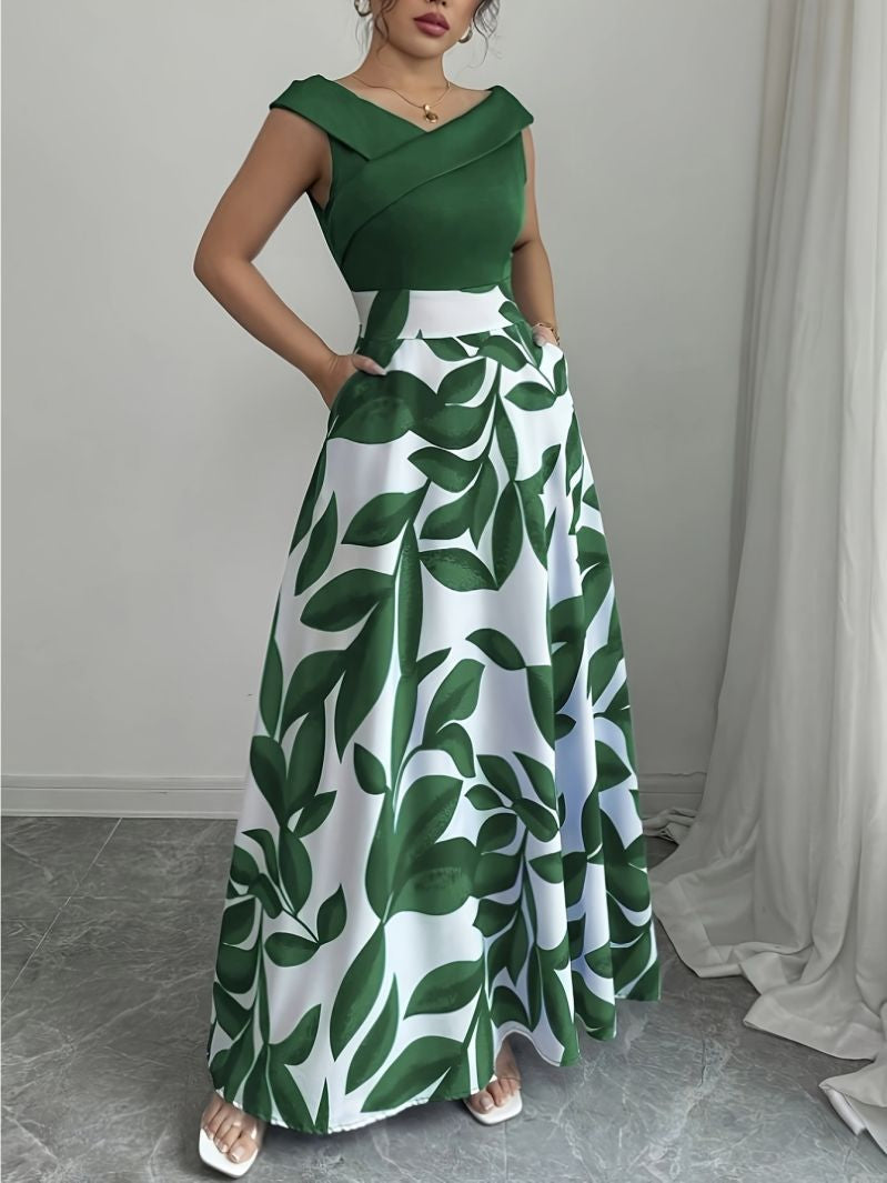 Printed Maxi Dress Women – V-Neck Evening Gown with Print