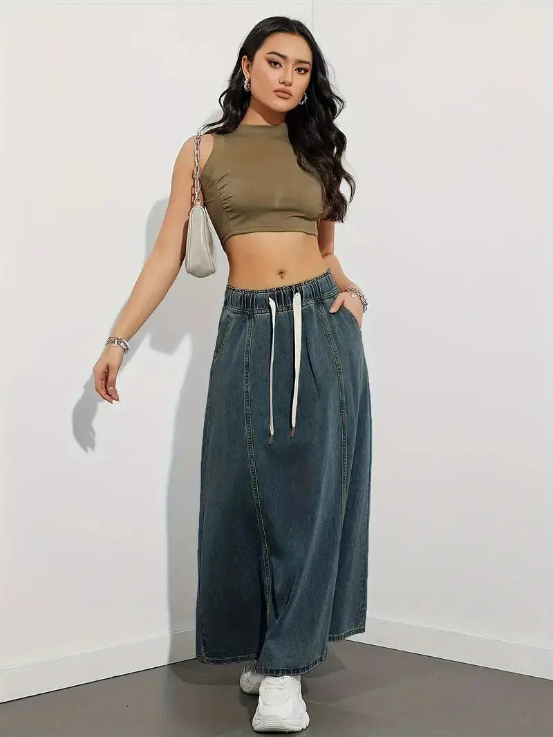 Stilfuld Denim Maxi Nederdel til Dame med Elastisk Talje | Komfortabel Hverdagslook 10