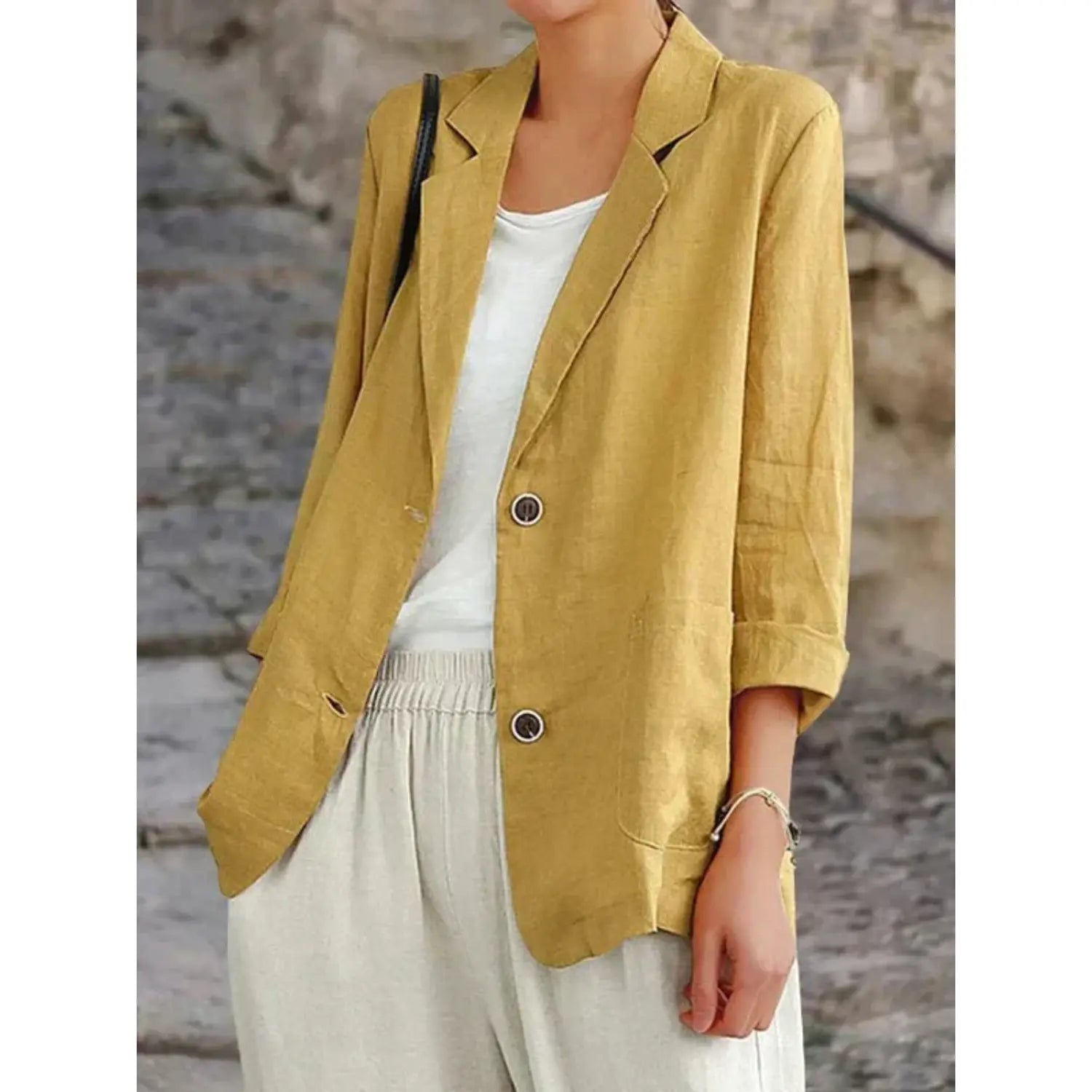 Maja Linned-Look Blazer Dame – Langærmet Tailored med Knapfront Panorla