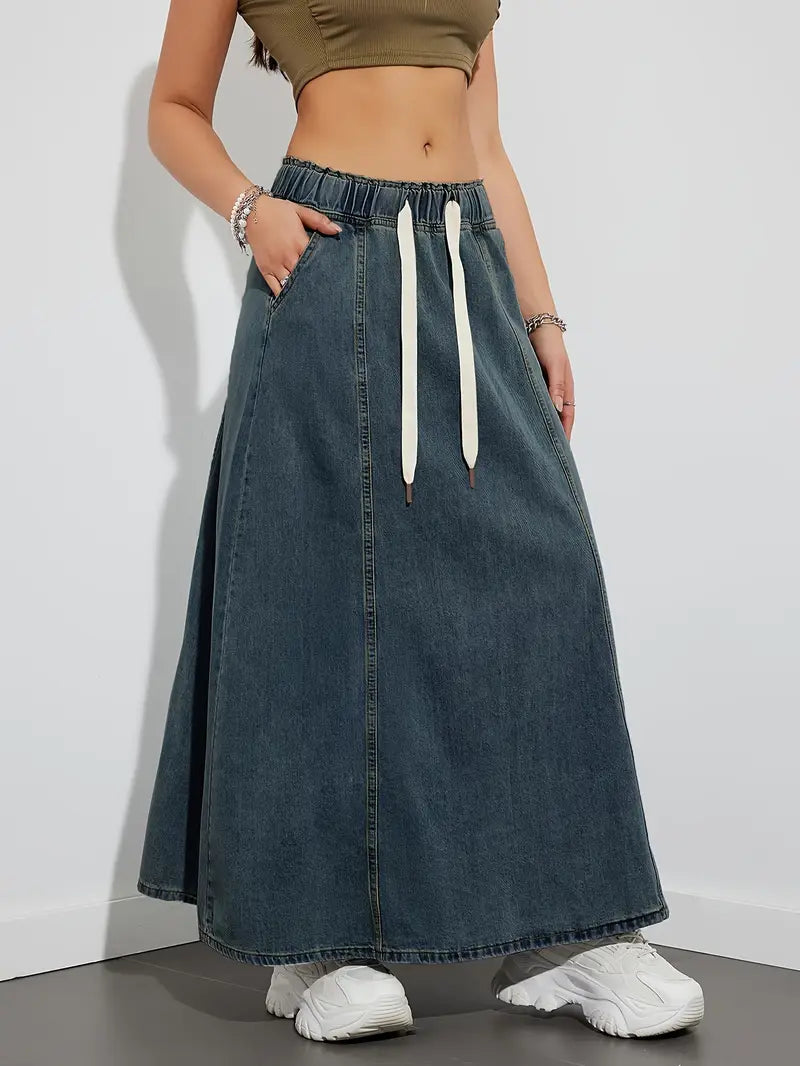 Stilfuld Denim Maxi Nederdel til Dame med Elastisk Talje | Komfortabel Hverdagslook 11