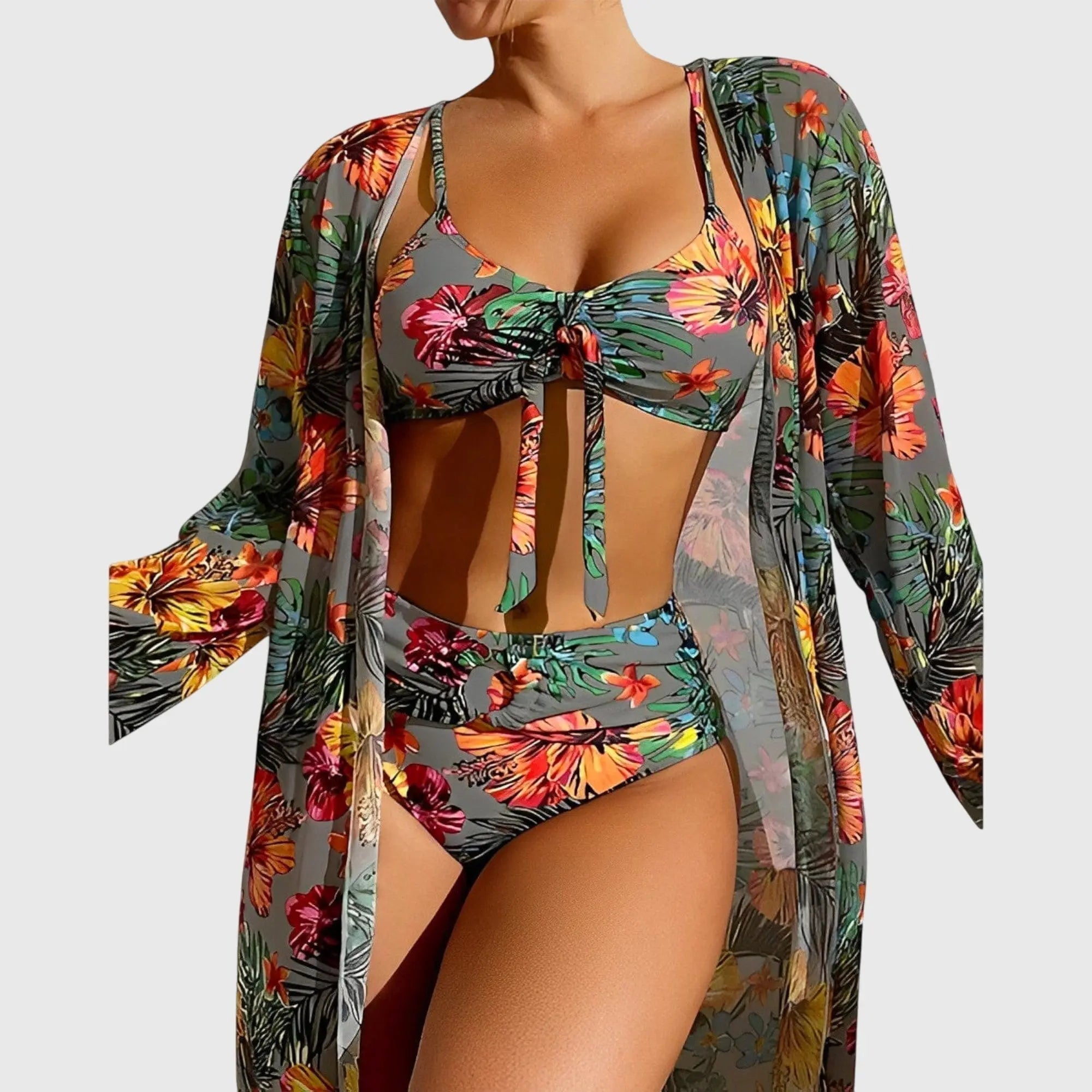 Tropisk Print | 3-Dele Bikini Sæt med Justerbar Top | Høj Talje for Komfort ved Strand og Pool 2