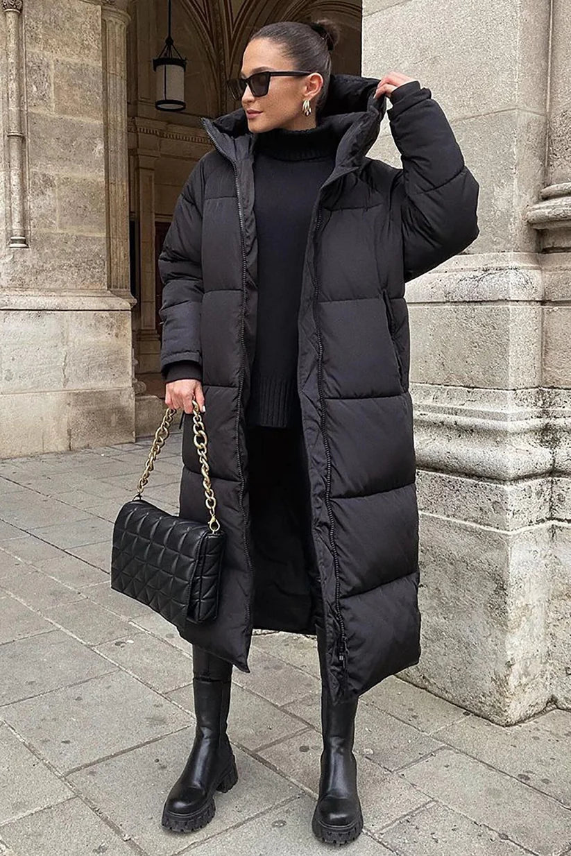 Women's Long Puffer Coat – Padded, Insulated, Maxi Length