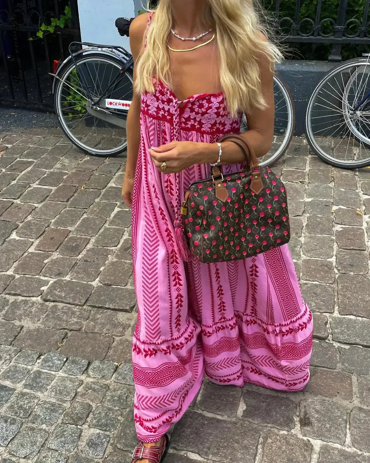 Maxi kjole dame bomuld broderet boho A-linje blomsterprint til sommer Panorla