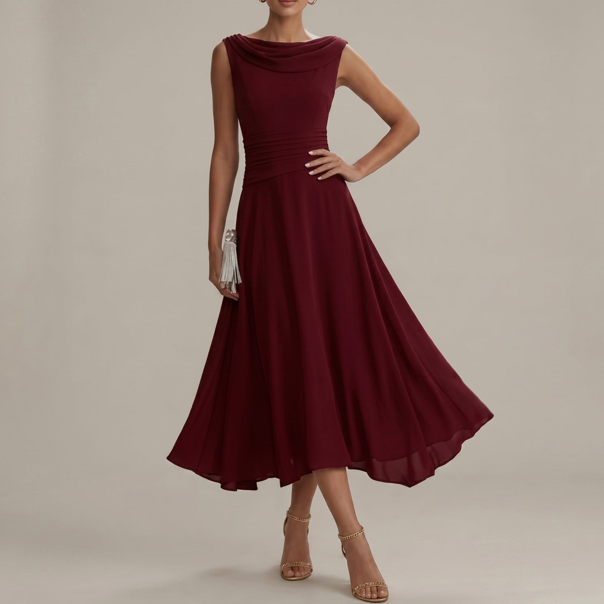 Midi Dress Women – Pleated Wedding Guest Dress with Cowl Back