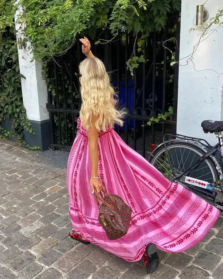 Maxi kjole dame bomuld broderet boho A-linje blomsterprint til sommer Panorla