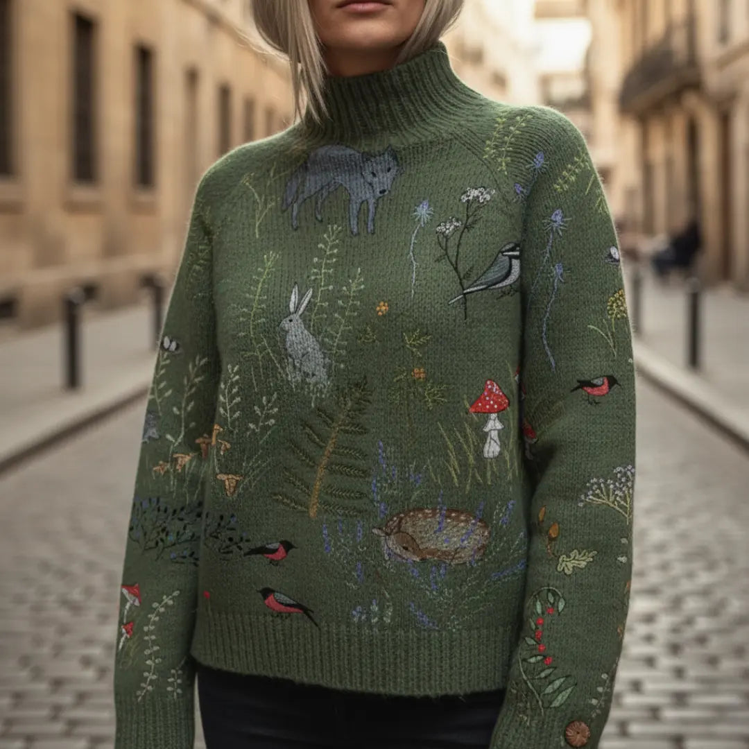 Sofia | Sweater Dame – Multifarvet Strik, Rullekrave & Blød Komfort