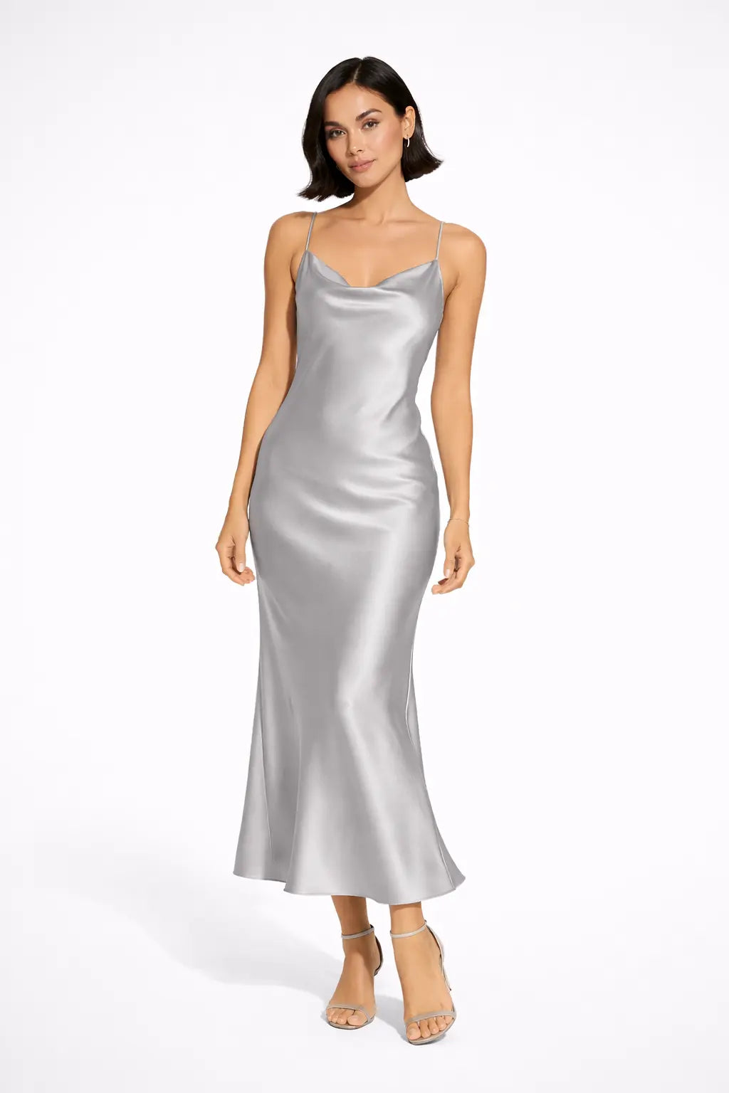 Maxi kjole dame cowl neck satinlook slim fit til bryllup og fest Panorla