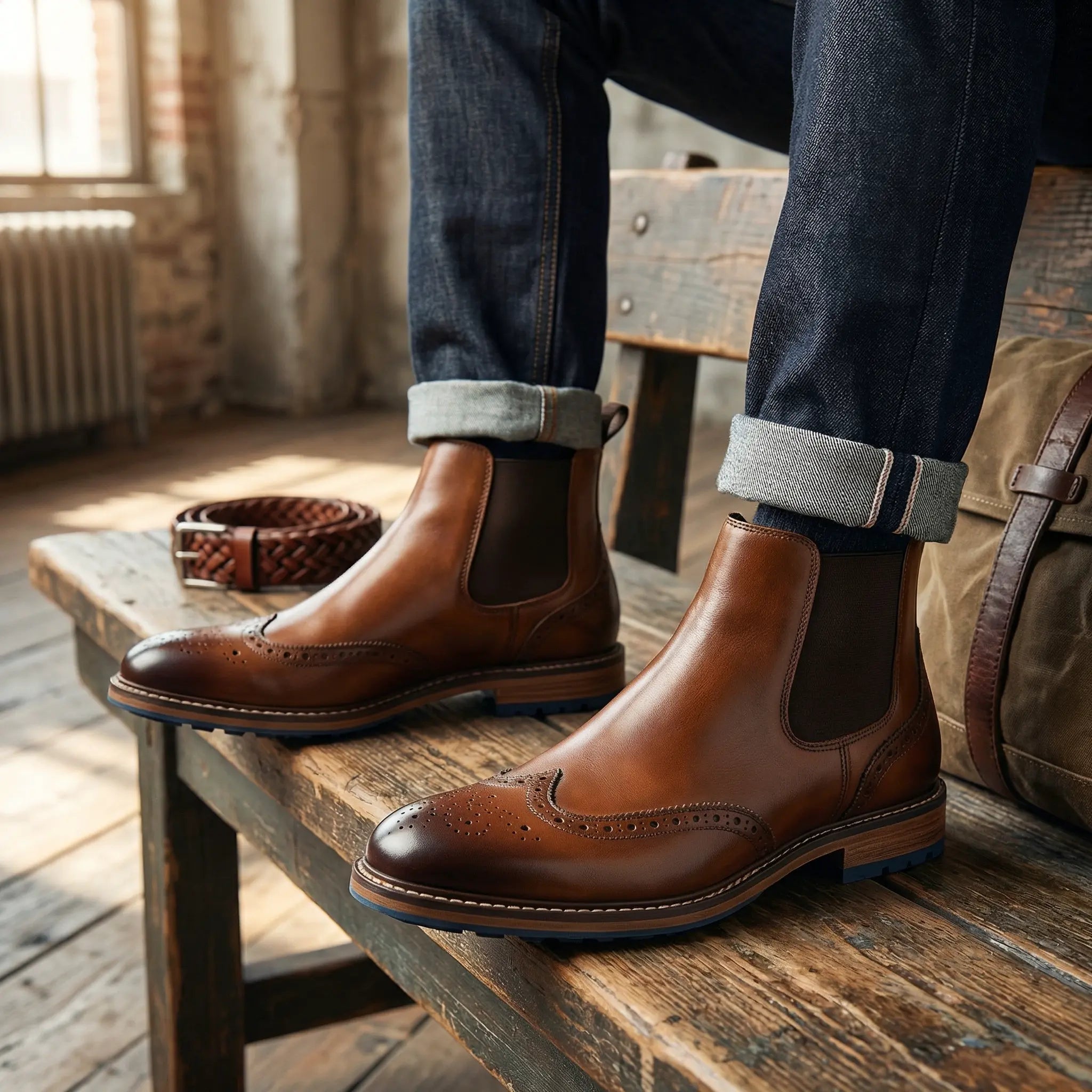 Men's Brogue Leather Chelsea Boots Slip-on Ankle