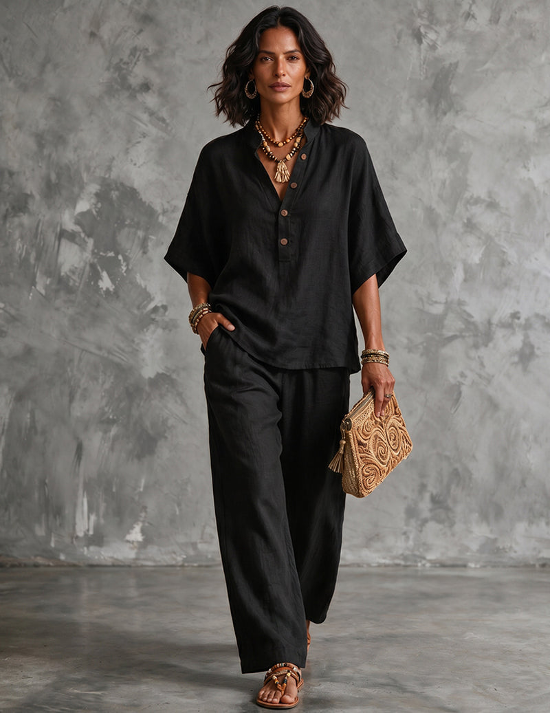 Linen Set Women 2 Piece – Batwing Top & Wide Leg Pants