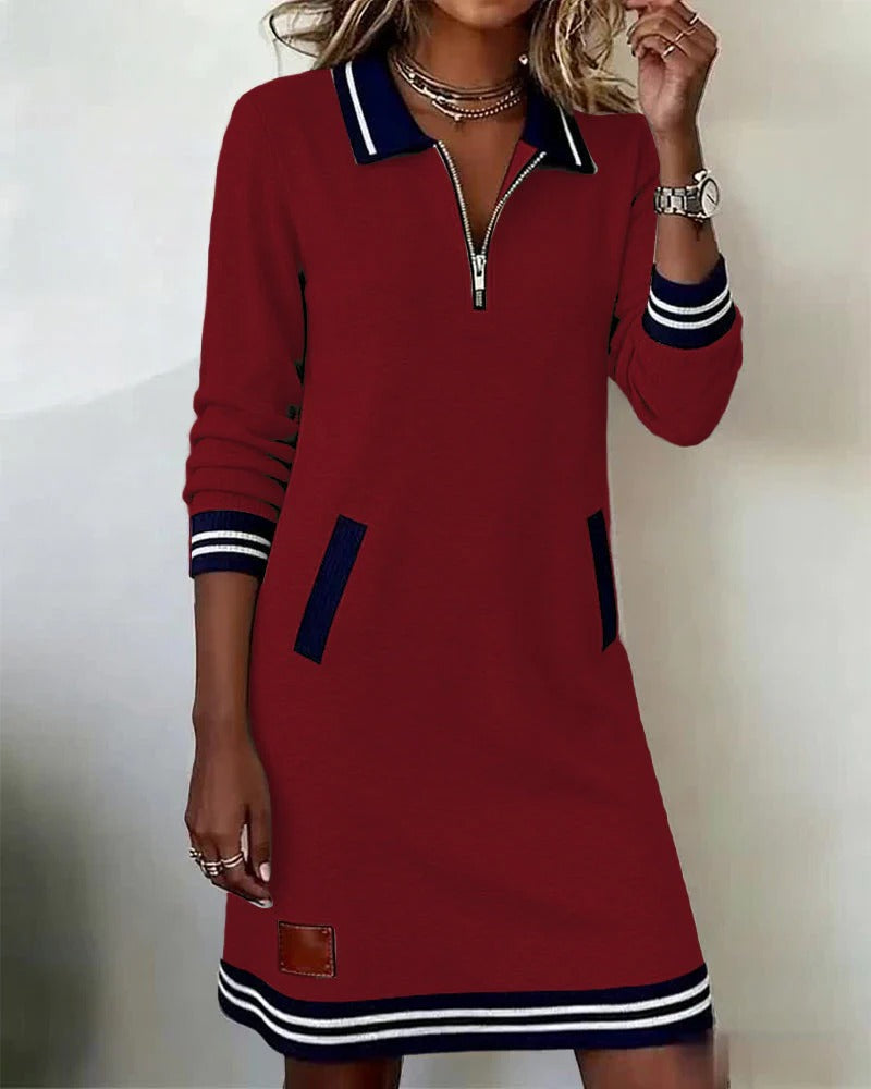 Women's Long Sleeve Cotton Dress – Straight Cut, Zip Front, Pockets