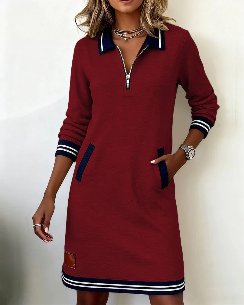 Women's Long Sleeve Cotton Dress – Straight Cut, Zip Front, Pockets
