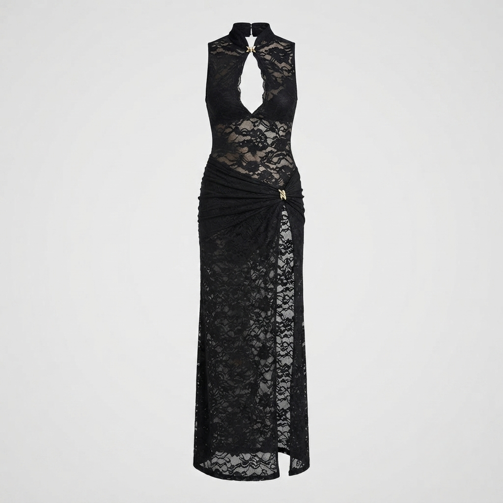 Lace Maxi Dress Women – Sleeveless High-Neck Slit Evening Gown, Black
