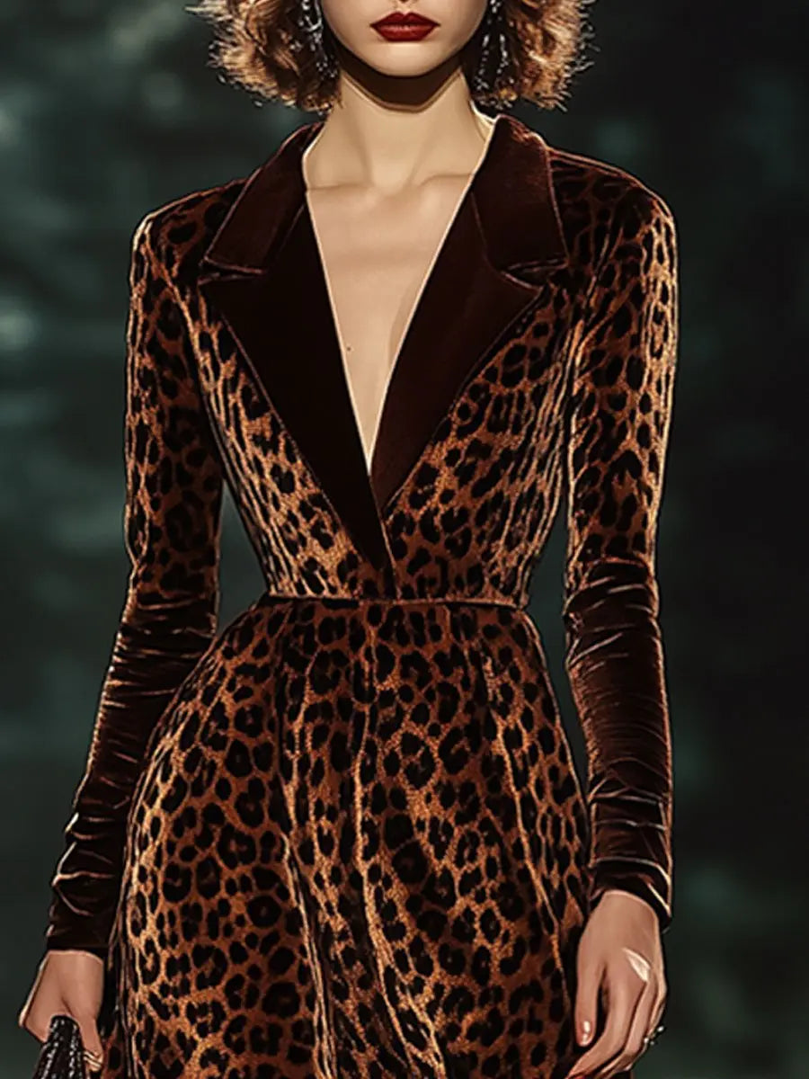 Elegant Velvet Midi Kjole med V-Hals & Lange Ærmer | Dristigt Leopardprint til Aftenarrangementer 2