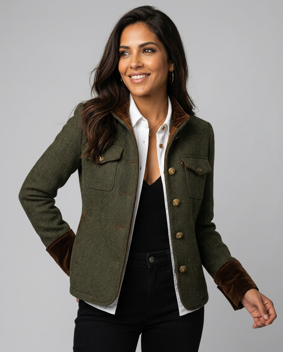Herringbone Blazer Women – Contrast Trim Tailored Jacket