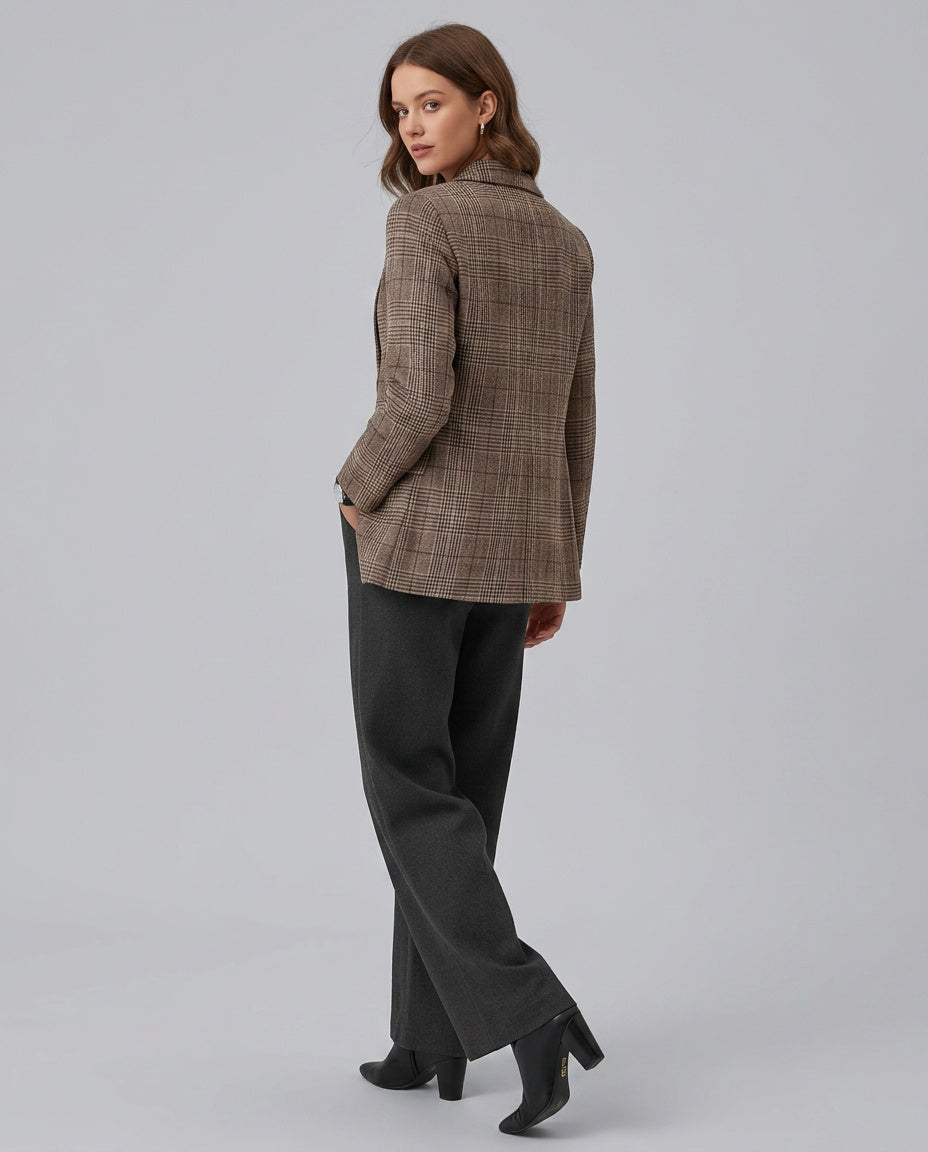 Check Blazer Women Brown – Tailored Lapel Long Sleeve Blazer