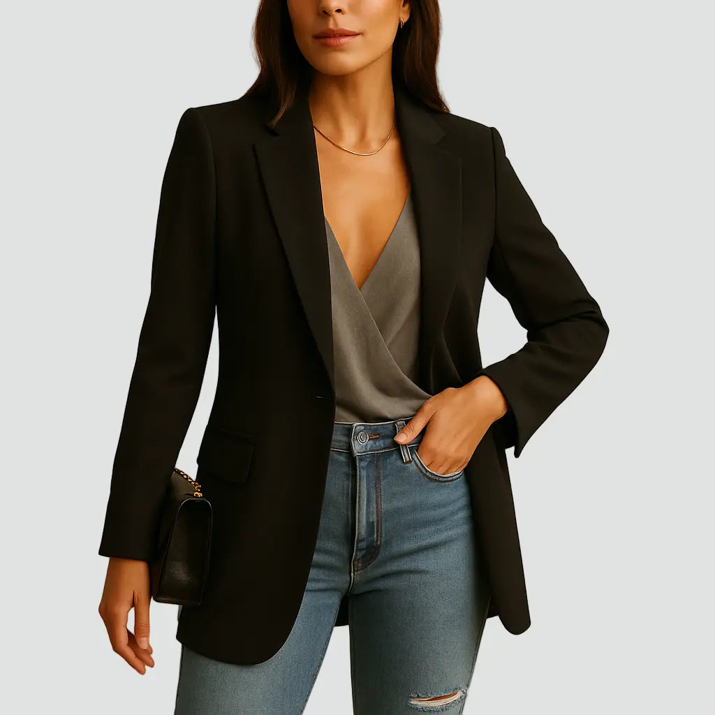 Elise Lang Blazer Dame – Taljesnit med Klapkrave og Klaplommer Panorla