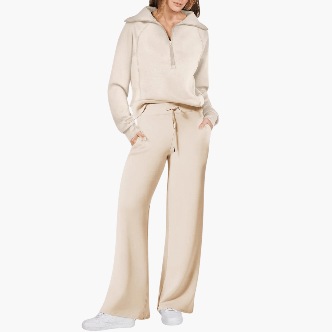 Fleece Hjemmesæt Dame 2-Delt – Kvartlynlås Hoodie og Vidben Bukser