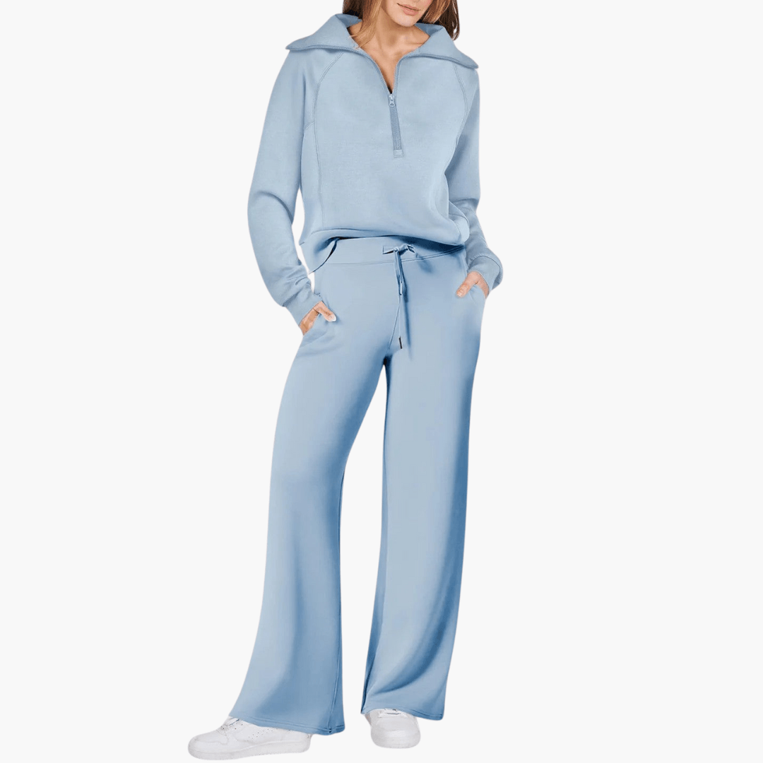 Fleece Hjemmesæt Dame 2-Delt – Kvartlynlås Hoodie og Vidben Bukser