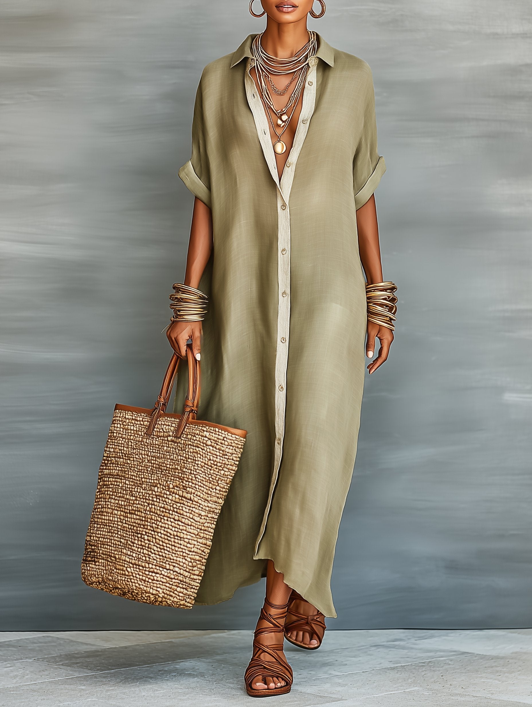 Olivia Hørkjole Dame – Maxi Skjortekjole i Hør-blanding