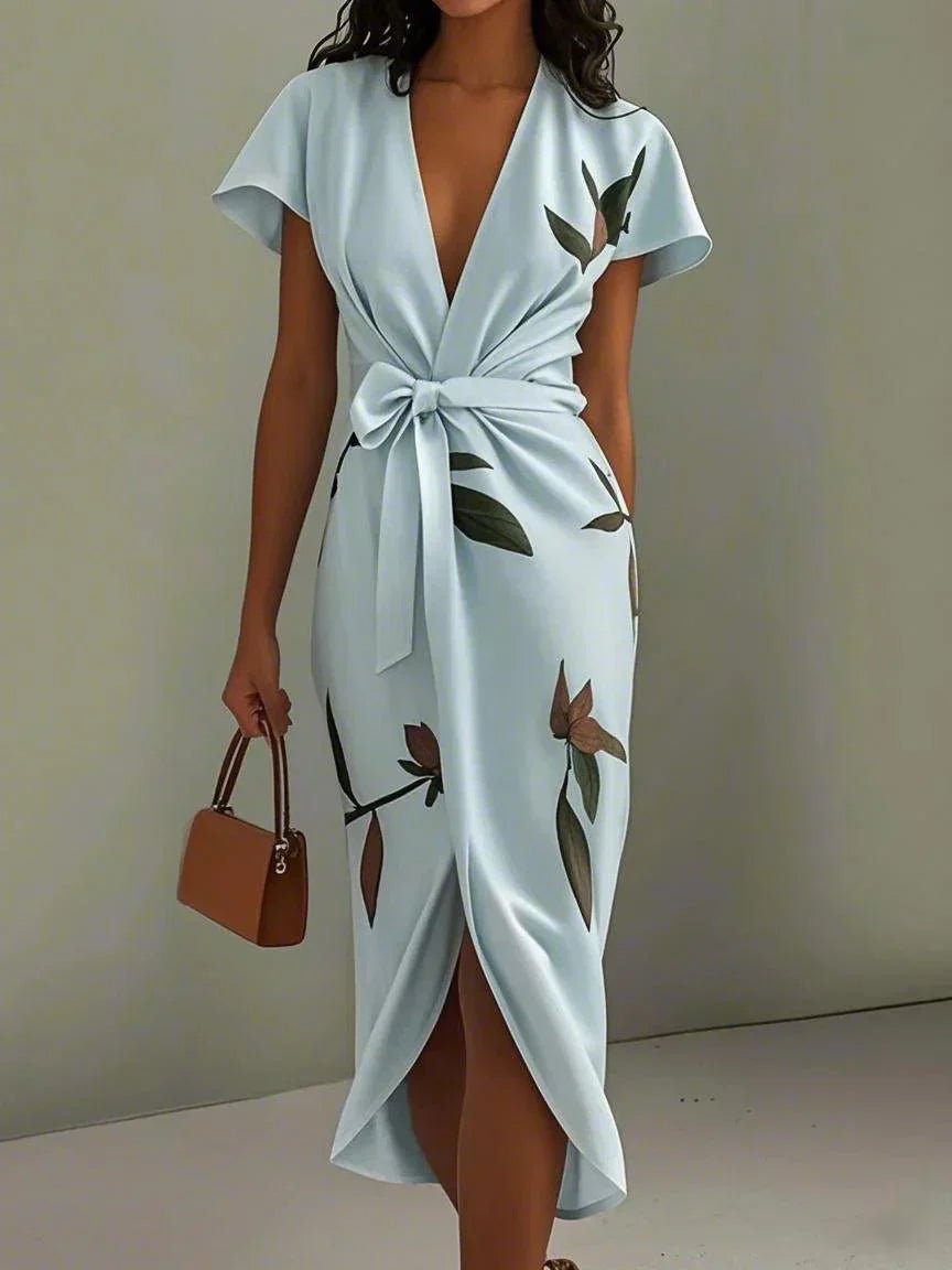 Women's Floral Wrap Midi Dress – V-Neck, Tie Waist